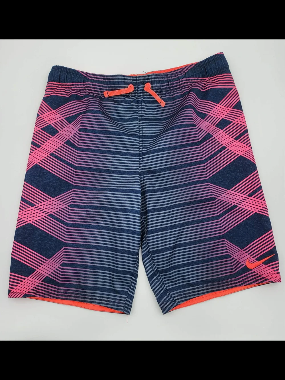 Nike Youth Navy Swim Trunks with Pink & Orange Accents